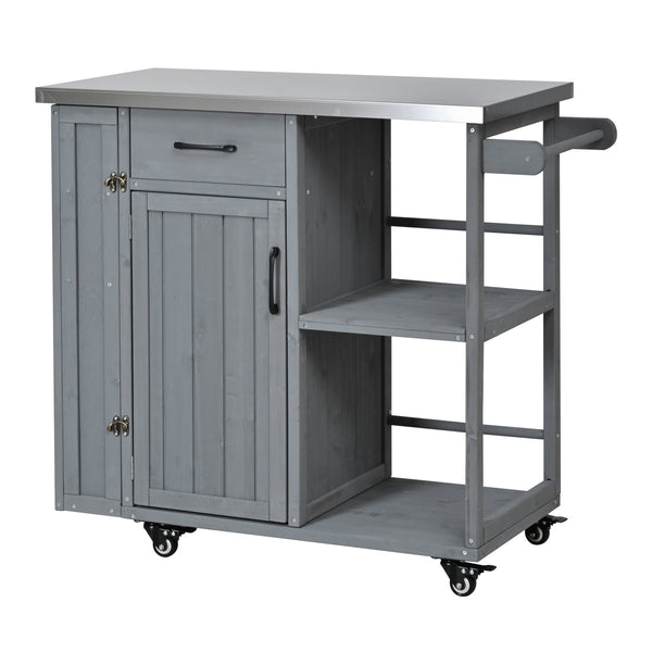 English Elm Foldable Outdoor Kitchen Cart with Stainless Worktop Fir Wood Frame and Lockable Wheels Grey N719P380278E