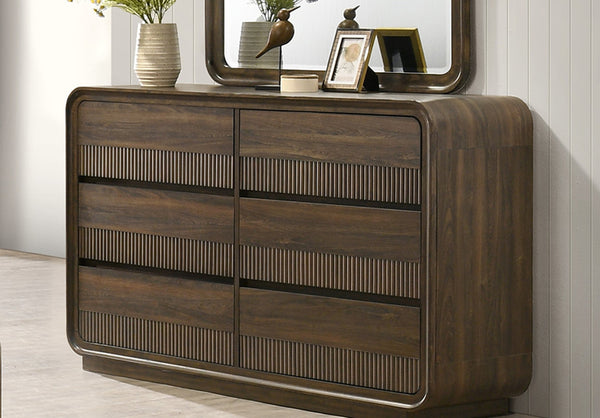 English Elm Mid-century Six Drawer Dresser with Fluted Fronts and Dark Wood Grain Bedroom Storage B2741P457654