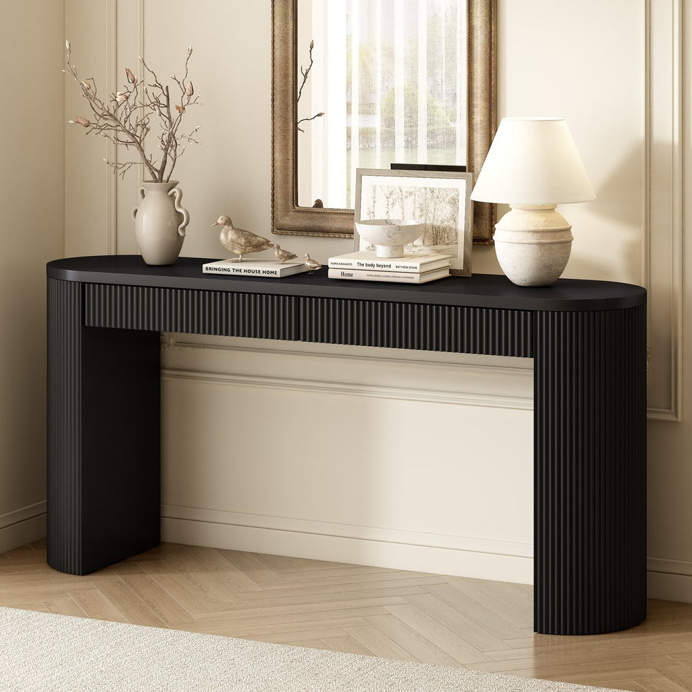 English Elm U_style Pine Veneer Console Table Arched Legs Stripe Drawers Entryway Hallway N711P415848B