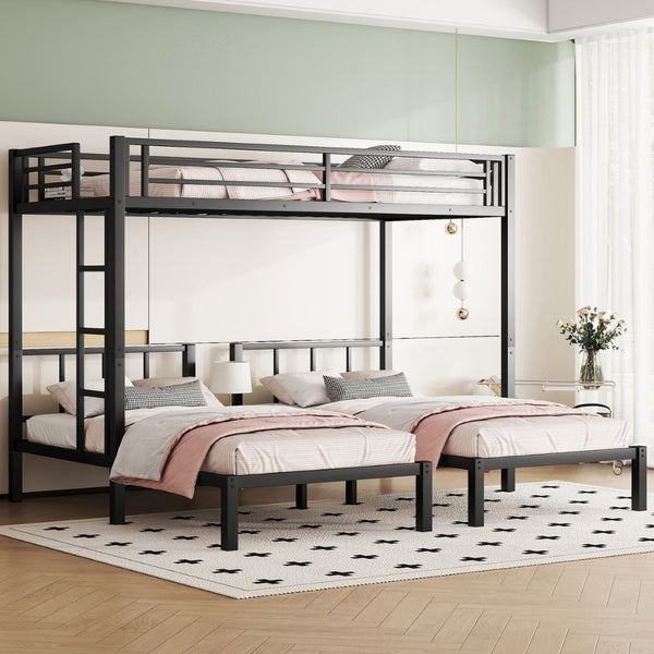 English Elm Twin Metal Triple Bunk Bed For 3, Space-Saving Design With Twin Xl Option, Stylish Black Finish W1580S00070-GIGA