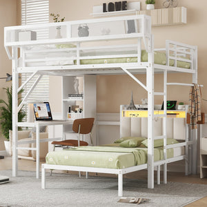 English Elm Ful Full-over-Twin Metal Bunk Bed with Desk, Bookshelves, LED Lighting & USB Charging Station, White W2580S00041