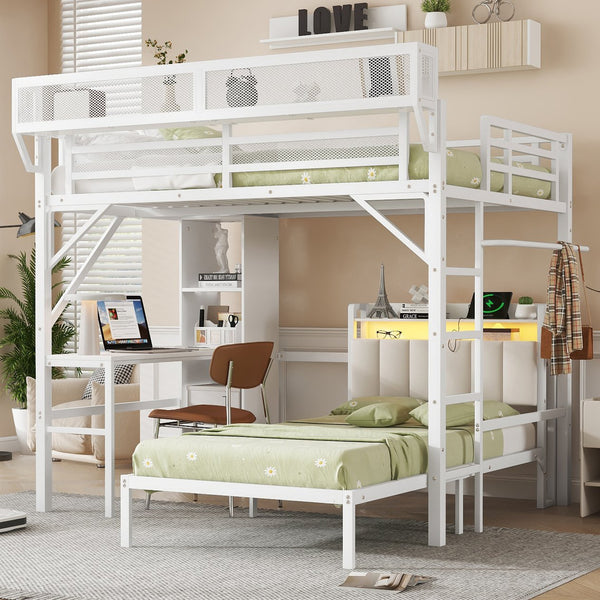 English Elm Ful Full-over-Twin Metal Bunk Bed with Desk, Bookshelves, LED Lighting & USB Charging Station, White W2580S00041
