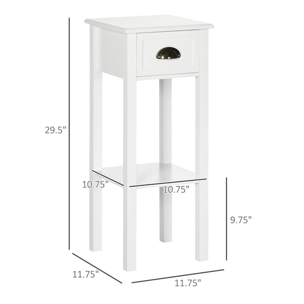 English Elm HOMCOM Narrow 2-Tier Side Table with Drawer and Elevated Shelf — Slim Accent End Table, Sturdy Storage White W2225P200905