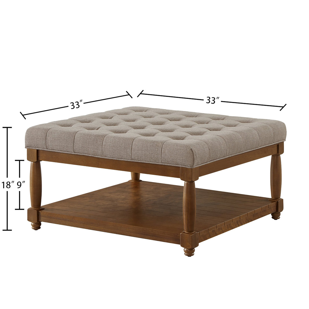 English Elm Large Square Tufted Ottoman with Wood Shelf Upholstered Footrest for Living Room Linen W2186P204184