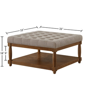 English Elm Large Square Tufted Ottoman with Wood Shelf Upholstered Footrest for Living Room Linen W2186P204184
