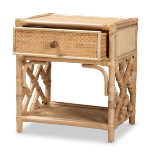 English Elm Modern Rattan Nightstand with Drawer and Open Shelf for Bohemian Bedroom Decor B2750P470042