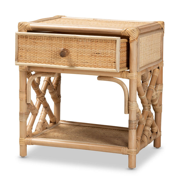 English Elm Modern Rattan Nightstand with Drawer and Open Shelf for Bohemian Bedroom Decor B2750P470042