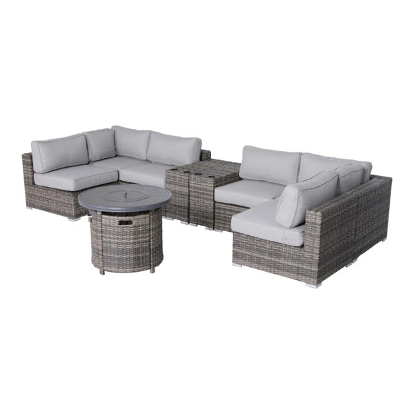 English Elm 9-Piece Luxury Outdoor Sectional Sofa Set with Fire Pit, Plush Cushions, HDPE Wicker in Gray B120S00151