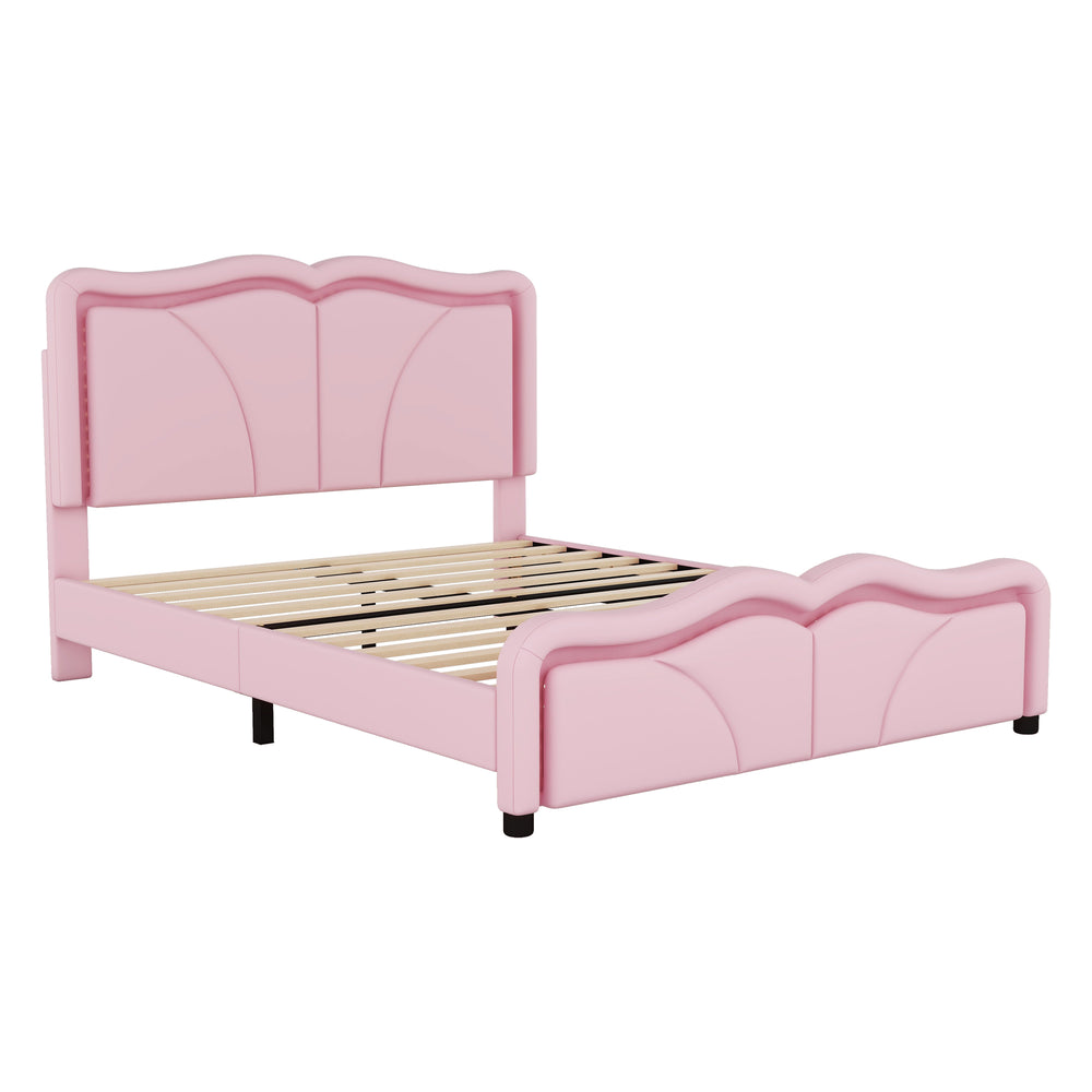 English Elm Full Full Size Upholstered Platform Bed in Pink with Curved Headboard, 3-Height Adjust, LED Strips, Sturdy Frame WF323749AAH