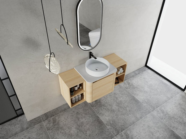 English Elm 48'' Wall-Mounted Bathroom Vanity With Elegant Ceramic Sink, Soft-Close Door & Open Storage Shelves W999S00469