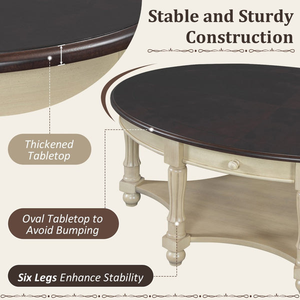 English Elm Vintage Oval Coffee Table With Drawer & Storage Shelf - French Country Charm For Living Rooms N735P277388K-GIGA