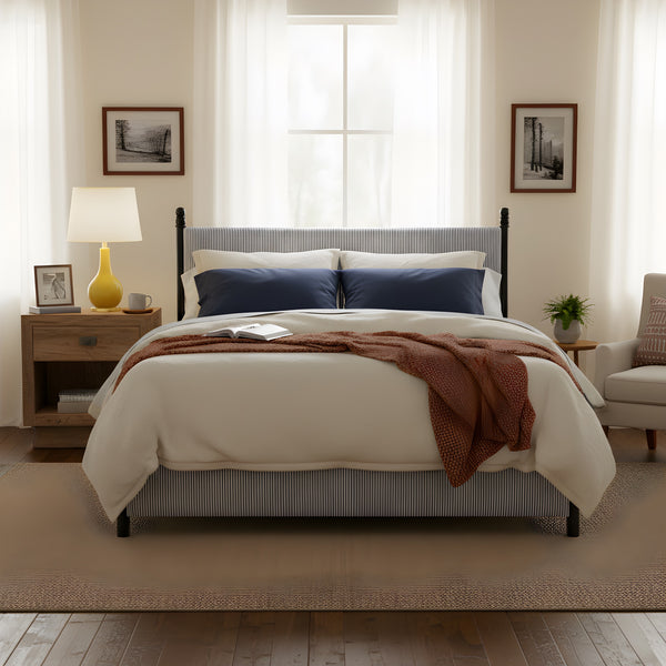 English Elm 48-inch Rubberwood Upholstered Queen Bed Vintage Sphere Post Padded Headboard N769P364057B