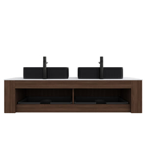English Elm Dina 60 Inch Floating Bathroom Vanity Sintered Stone Top Dual Glass Basins Wood Grain Black,Carrara White,Dark Walnut W2615S00198