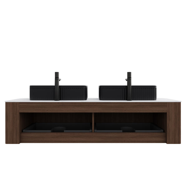 English Elm Dina 60 Inch Floating Bathroom Vanity Sintered Stone Top Dual Glass Basins Wood Grain Black,Carrara White,Dark Walnut W2615S00198