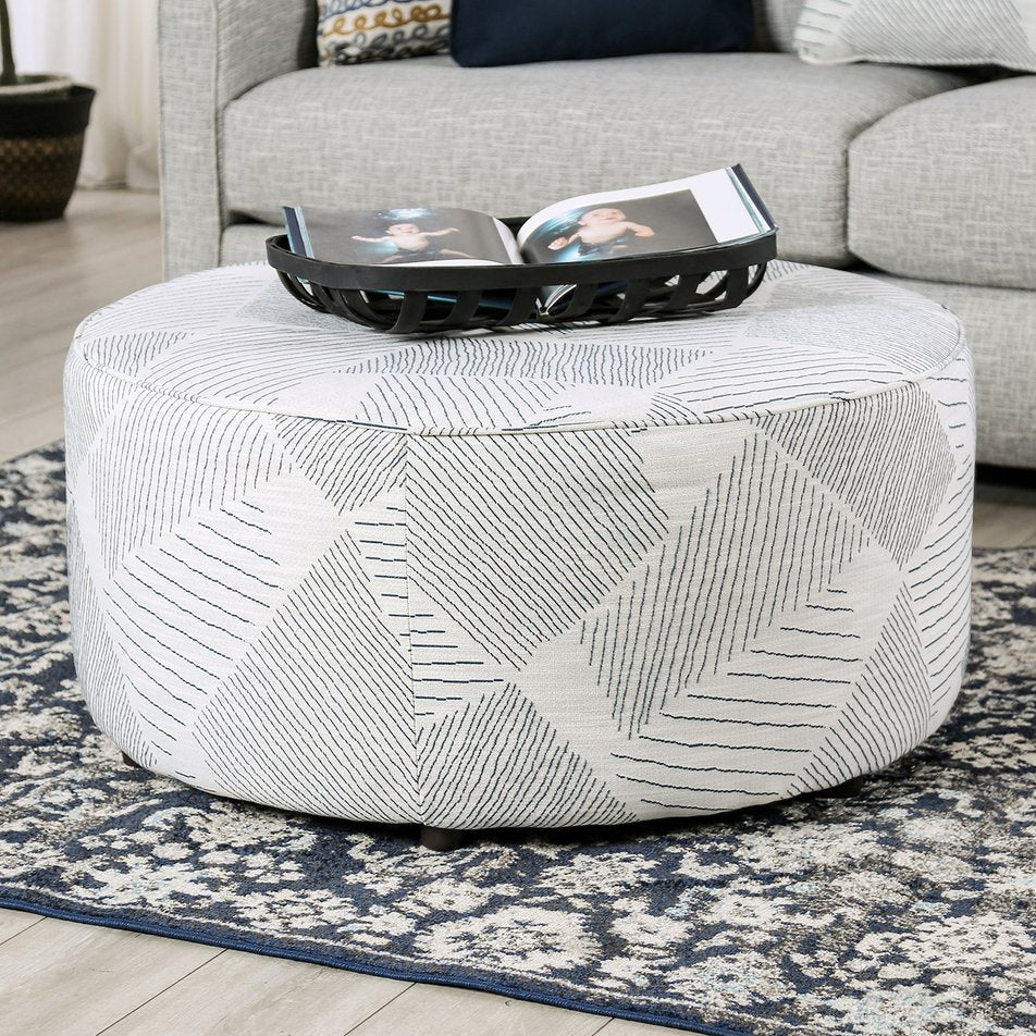 English Elm Round 37.5" Upholstery Ottoman with Geometric Pattern, Gray & Navy Finish, Transitional Accent Seat B2741P355220