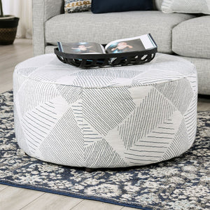 English Elm Round 37.5" Upholstery Ottoman with Geometric Pattern, Gray & Navy Finish, Transitional Accent Seat B2741P355220