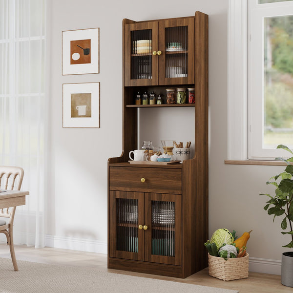 English Elm Kitchen Pantry Hutch Cabinet with Microwave Stand, Spacious Buffet Sideboard for Organized Kitchens Walnut W331P309435