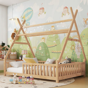 English Elm Full House Kids House Bed with Roof & Fence, Low Floor Solid Pine Frame, Stylish Nightlight Ready Natural 80.91 L x 15.55 W x 6.5 H W2593P296922
