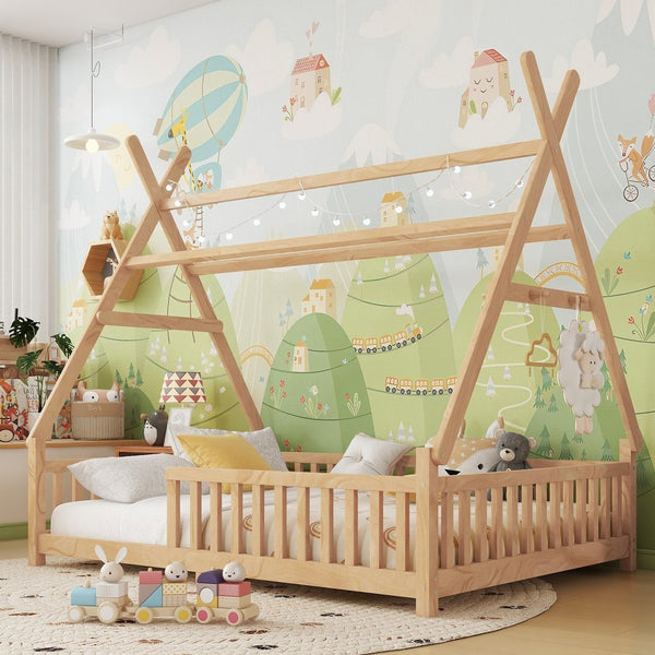 English Elm Full House Kids House Bed with Roof & Fence, Low Floor Solid Pine Frame, Stylish Nightlight Ready Natural 80.91 L x 15.55 W x 6.5 H W2593P296922