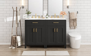 English Elm Modern 48 Inch Freestanding Bathroom Vanity Dual Ceramic Sinks Soft Close Gold Handles Black N729P000008B