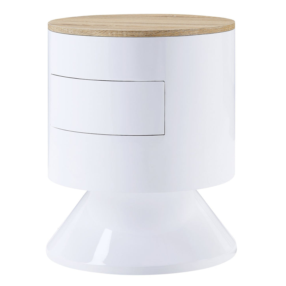 English Elm White White High Gloss and Natural 1-drawer Drum Nightstand with Smooth Manual-Close Drawer, Sleek Accent Piece B062P185684