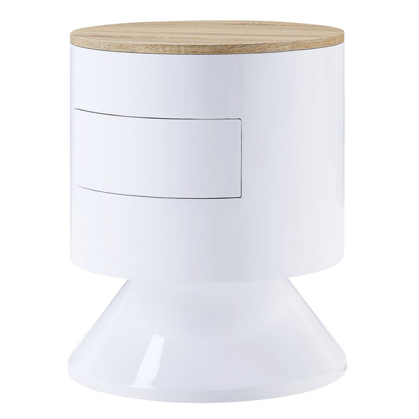 English Elm White White High Gloss and Natural 1-drawer Drum Nightstand with Smooth Manual-Close Drawer, Sleek Accent Piece B062P185684