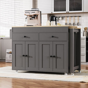 English Elm K&K 74.5" Kitchen Island with 27" Extendable Dining Table, 4-Door Storage, 2 Drawers, Rolling Cart Grey N707S000009G