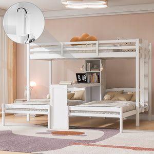 English Elm Twin Triple Bunk Bed with Built in Desk Open Shelving and Led Task Lighting White N7090002243K