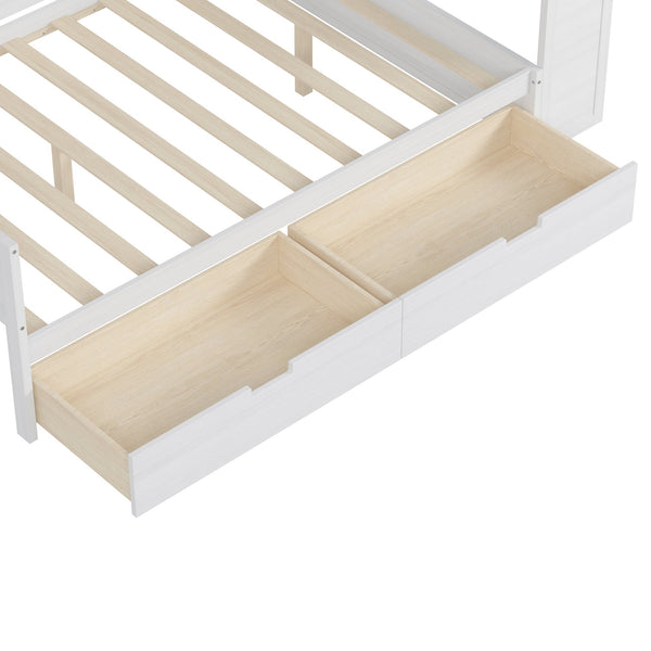 English Elm Wooden Full Size Daybed with Built-In Desk, Side Shelves and Dual Drawers for Organized Living Antique White 70 L x 18.6 W x 5.5 H N733S241486K