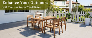 English Elm U_style Solid Acacia Wood Outdoor Dining Set Seats Four with Umbrella Hole Patio Natural WY000477AAO