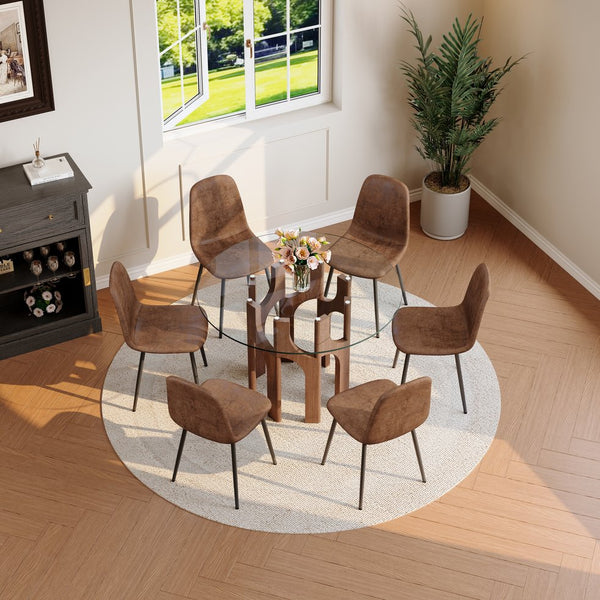 English Elm Round Tempered Glass Dining Table Sculptural Geometric Mdf Base Seats Four Compact Walnut W3875P387156