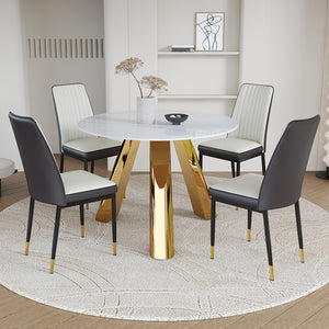 English Elm A 42-inch round dining set with stone top table and gold-plated stainless legs plus four PU chairs Gold 31 L x 19.5 W x 17.5 H W1512S00133