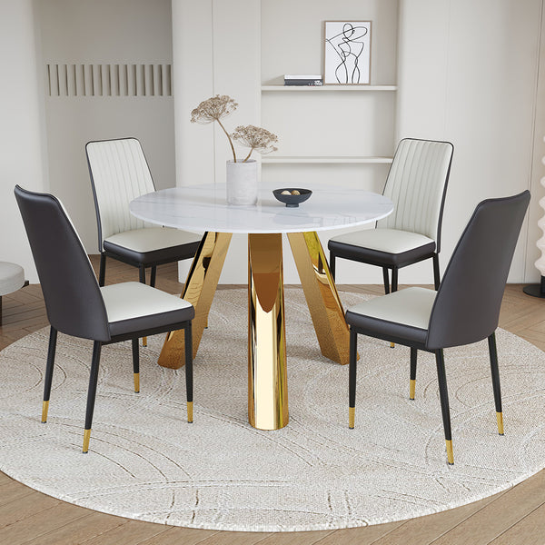 English Elm A 42-inch round dining set with stone top table and gold-plated stainless legs plus four PU chairs Gold 31 L x 19.5 W x 17.5 H W1512S00133