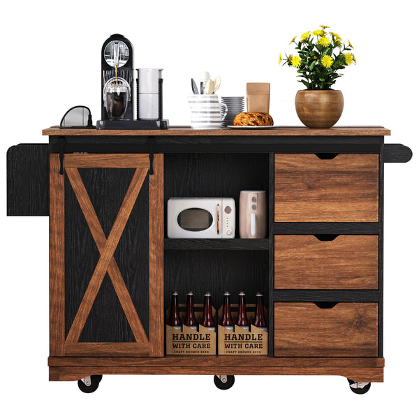 English Elm K&K 55.5" Farmhouse Kitchen Island with Sliding Barn Door, Drop Leaf, Charging Station, Wheels Black N707P288229B