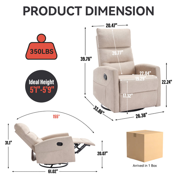 English Elm Manual Rocker Recliner with 360 Swivel Beige Fabric Upholstery for Living Room W3224P289285