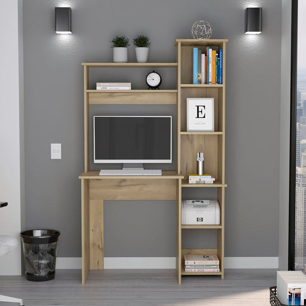 English Elm Light Oak 6-Shelf Writing Desk with Built-in Bookcase and Spacious Shelves, Sturdy Manufactured Wood Finish B06280289