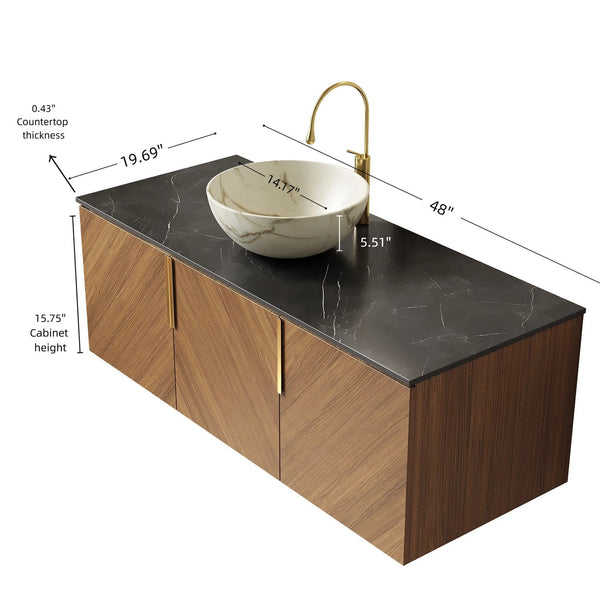 English Elm Arai 48 Inch Wall Mounted Bathroom Vanity Oak Plywood Cabinet Sintered Stone Top W2615S00547
