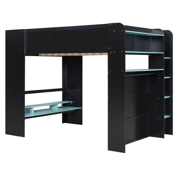 English Elm Full Size Gaming Bunk Bed with Rgb Lighting Integrated Desk Wardrobe and Storage Blue LT100266AAC