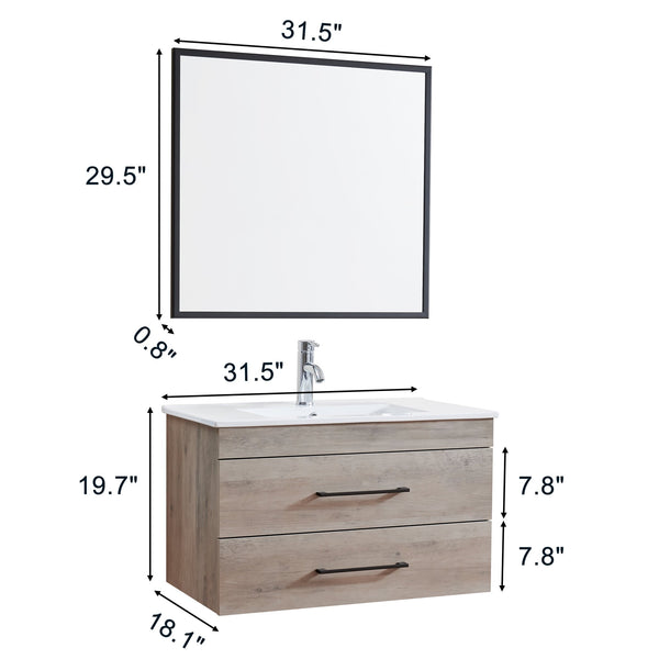 English Elm 32-Inch Modern Grey Wood Grain Wall-Mounted Bathroom Vanity With Soft-Close Drawers & Sink W3151S00006