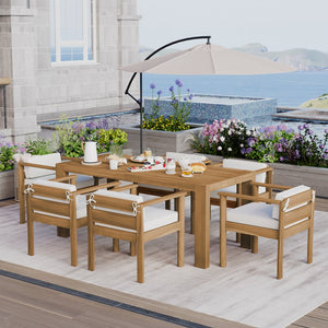 English Elm Trexm Acacia Wood Outdoor Dining Set Seats Six with Washable Cushions Umbrella Ready Beige,Light Teak TM000022AAD