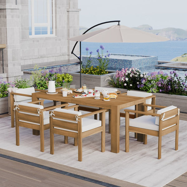 English Elm Trexm Acacia Wood Outdoor Dining Set Seats Six with Washable Cushions Umbrella Ready Beige,Light Teak TM000022AAD