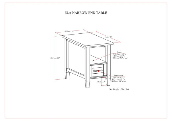English Elm Ela Narrow End Table in Smoky Brown Wood, Handcrafted Solid Wood, Drawer & Open Shelf Storage, Transitional Style B136P203458