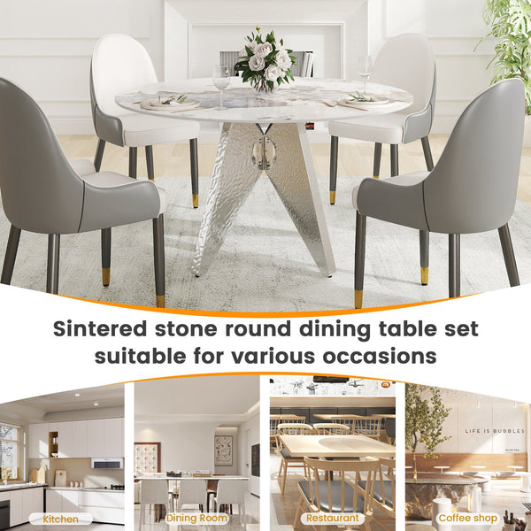 English Elm 53" Round Marble Dining Table - Sleek White Sintered Stone & Silver Stainless Base For 6 People Dining W1535S00461