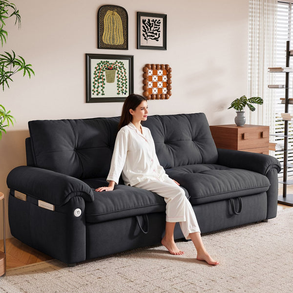 English Elm It 77-inch convertible velvet sofa bed, 2-in-1 loveseat to guest bed with steel frame, high-resilience foam comfort Grey W3820S00017