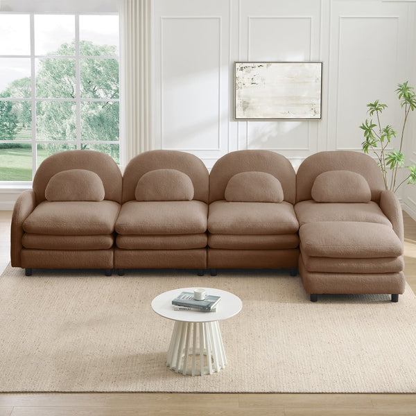 English Elm Teddy Fleece Curved Modular Sectional Sofa with Ottoman Four Seat Cloud Comfort Camel W5656S00108