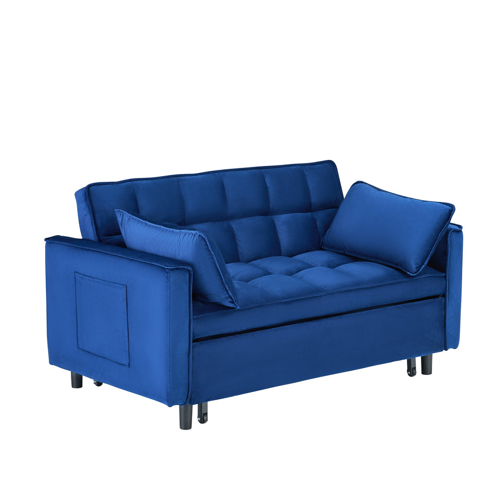 English Elm The 55-inch Blue Velvet Sofa Bed with Tufted Design, 2-Seater Convertible Couch, Durable 500lb Frame W3371P314998