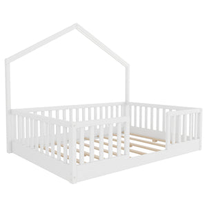 English Elm Twin Montessori Floor Bed House Frame with Led Lighting and Safety Rails for Kids White W2593P440604