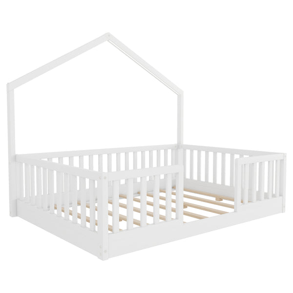 English Elm Twin Montessori Floor Bed House Frame with Led Lighting and Safety Rails for Kids White W2593P440604