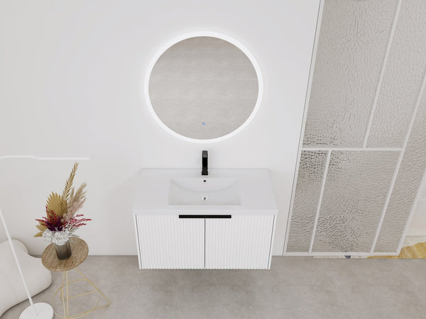 English Elm 36" Floating Bathroom Vanity with Resin Sink, Wavy Doors, Soft-Close Hinges & Durable Plywood Finish White W999P251811