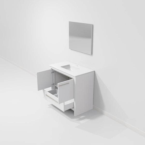 English Elm White Bath Vanity 36 in. W x 20 in. D with White Quartz Top, Soft-Close Storage & 28 in. Mirror Durable B2731S01487